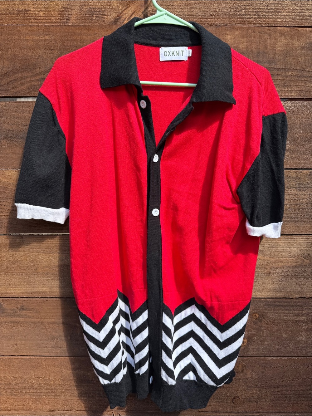 OXKNIT Red Short Sleeve Button Cardigan with Chevron Hem